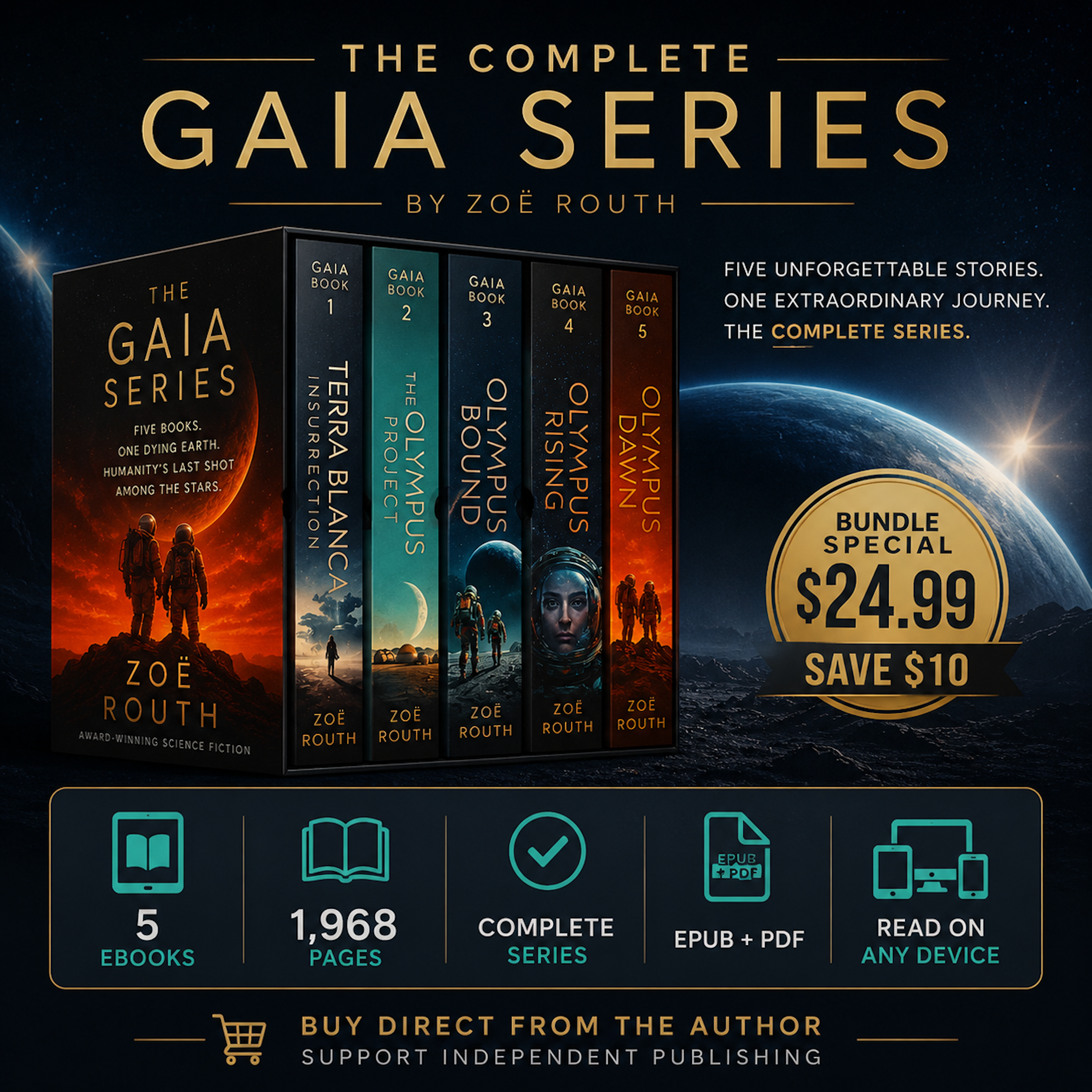 Promotional graphic for 'The Complete Gaia Series' by Zoe Routh with book covers and bundle special offer.
