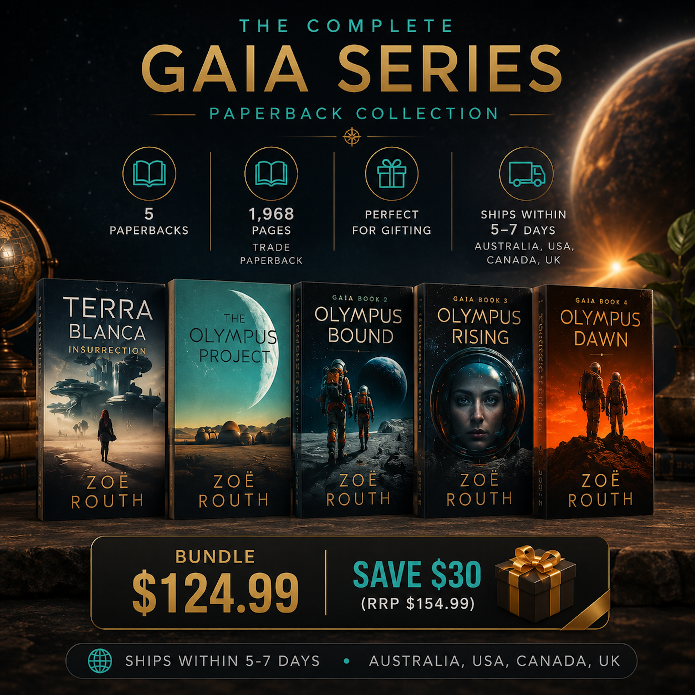 Promotional image of 'The Complete Gaia Series' paperback collection with book covers and pricing information.