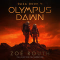Book cover of 'Olympus Dawn' by Zoe Routh with two astronauts on a rocky surface against an orange sky.