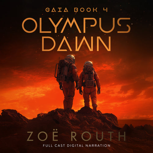 Book cover of 'Olympus Dawn' by Zoe Routh with two astronauts on a rocky surface against an orange sky.