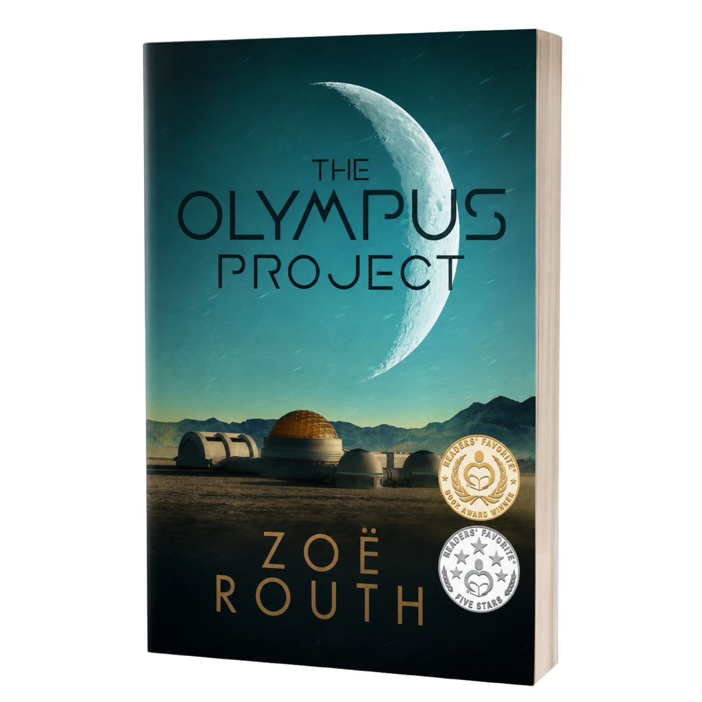 The Olympus Project book by Zoë Routh, featuring a sci-fi cover with a large crescent moon, futuristic domes, and gold and silver award seals on a white background.