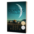 The Olympus Project book by Zoë Routh, featuring a sci-fi cover with a large crescent moon, futuristic domes, and gold and silver award seals on a white background.