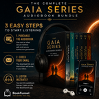 Promotional graphic for The Complete Gaia Series Audiobook Bundle with books, headphones, and smartphone.