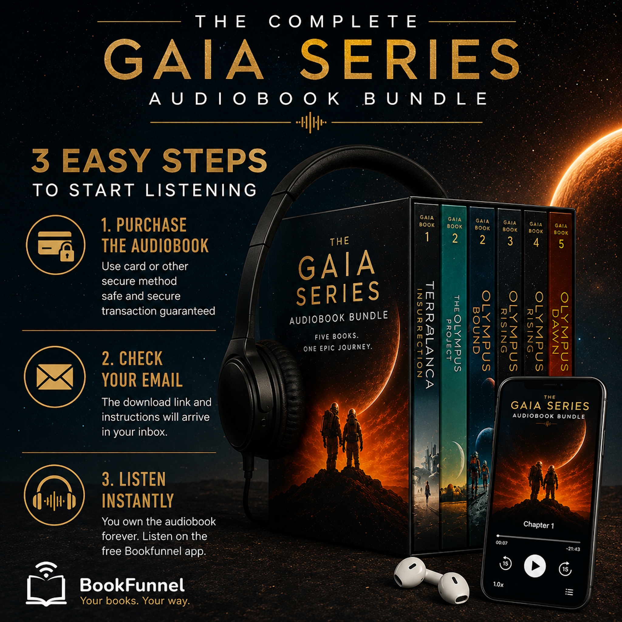Promotional graphic for The Complete Gaia Series Audiobook Bundle with books, headphones, and smartphone.