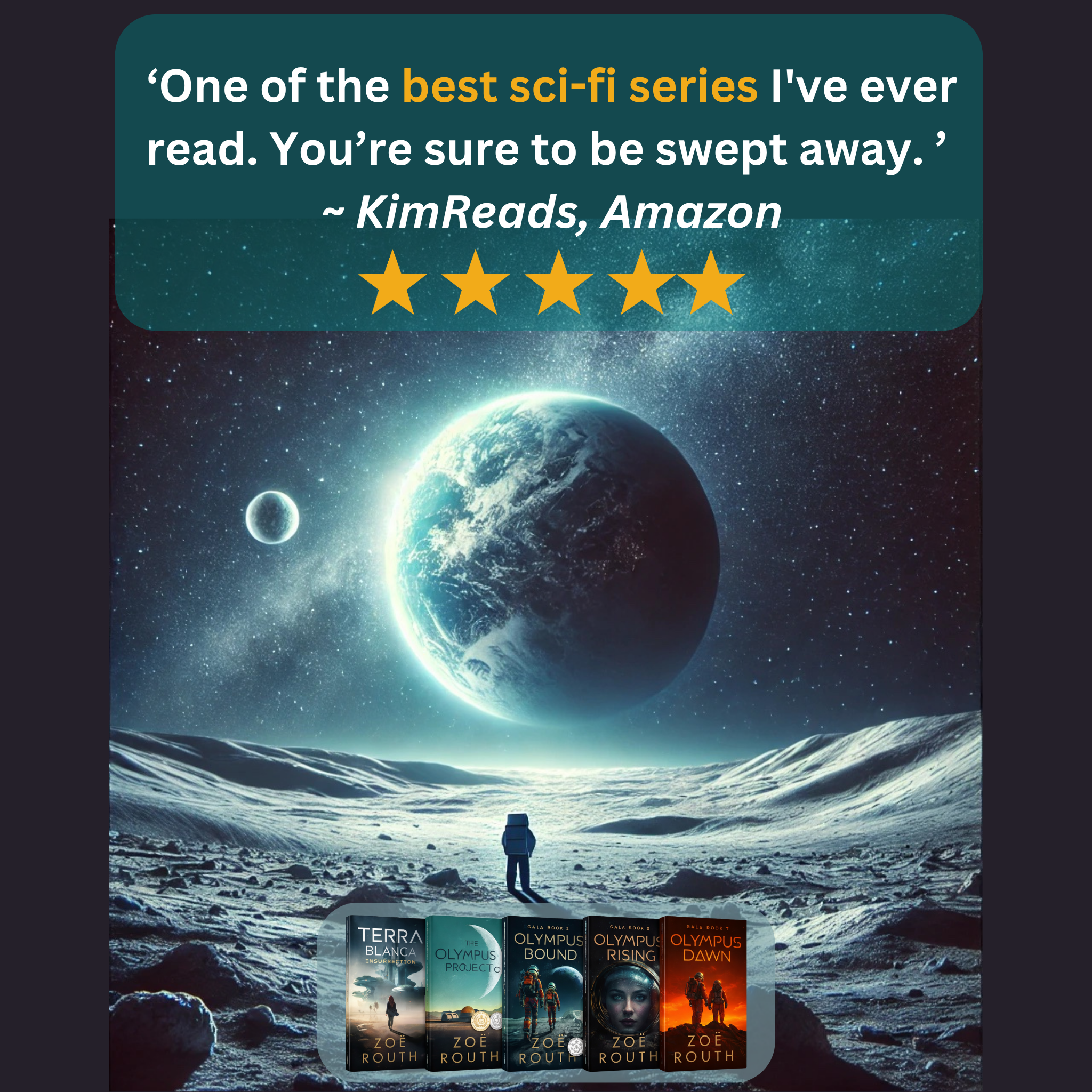 Sci-fi book series cover with a person on a moonlit landscape, featuring Amazon's five-star rating.