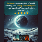 Book cover with a futuristic landscape, planet, and book titles with Amazon review text.