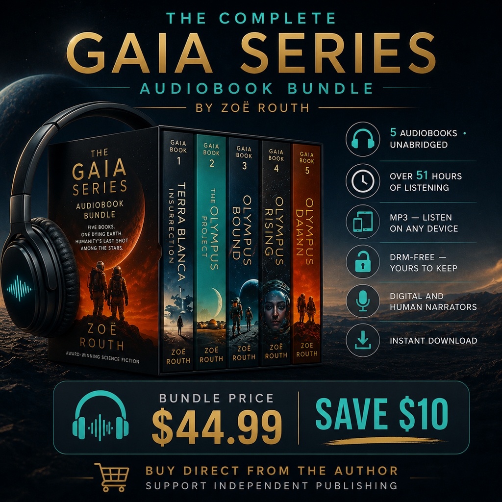 Promotional graphic for 'The Complete Gaia Series' audiobook bundle by Zoe Routh, featuring books and headphones on a dark space-themed background.
