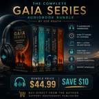Promotional graphic for 'The Complete Gaia Series' audiobook bundle by Zoe Routh, featuring books and headphones on a dark space-themed background.