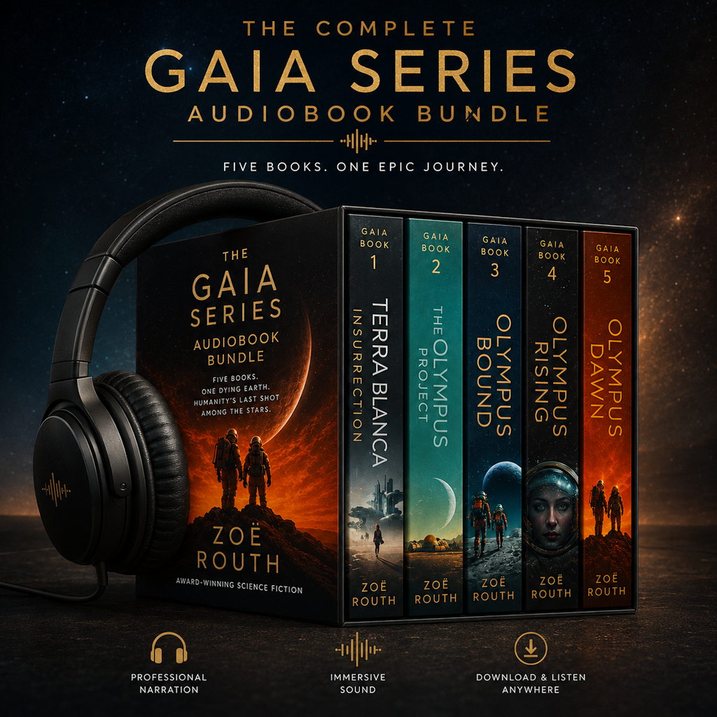 Gaia Series audiobook bundle with headphones on a dark background