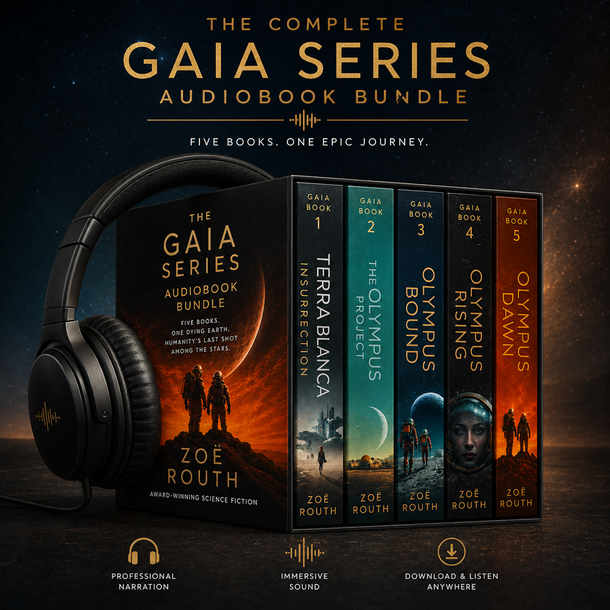 Gaia Series audiobook bundle with headphones on a dark background