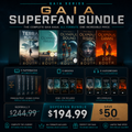 images of five paperbacks, five ebooks, five audiobooks of the Gaia series plus bundle pricing and features