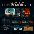 images of five paperbacks, five ebooks, five audiobooks of the Gaia series plus bundle pricing and features