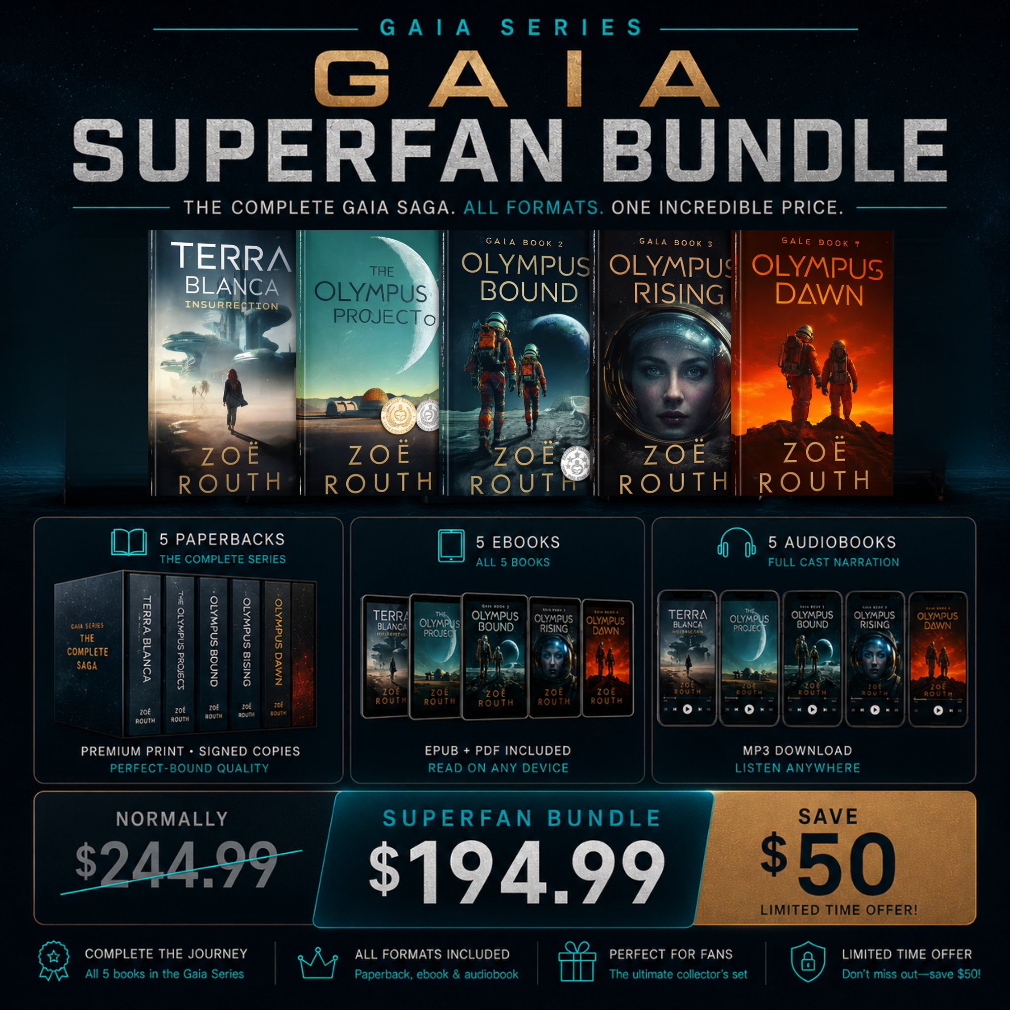images of five paperbacks, five ebooks, five audiobooks of the Gaia series plus bundle pricing and features