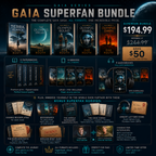 images of five paperbacks, five ebooks, five audiobooks of the Gaia series plus bundle pricing and features plus bonus goodies of bookmarks bookplates, manifesto, pdfs , audio bonuses