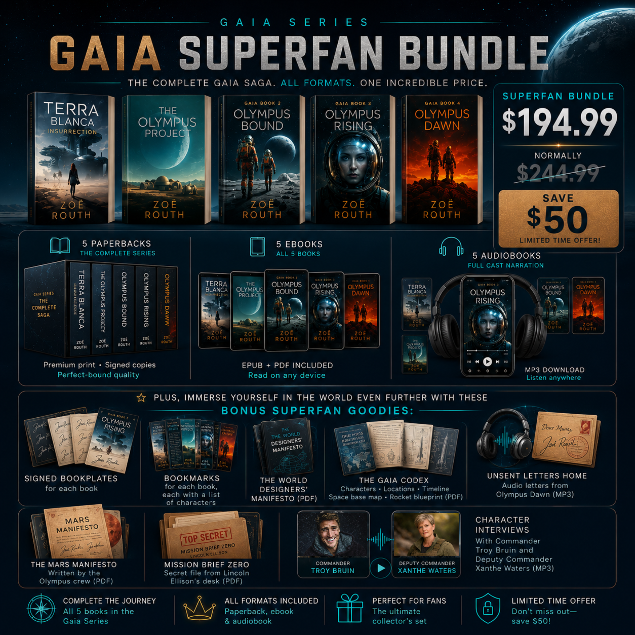 images of five paperbacks, five ebooks, five audiobooks of the Gaia series plus bundle pricing and features plus bonus goodies of bookmarks bookplates, manifesto, pdfs , audio bonuses