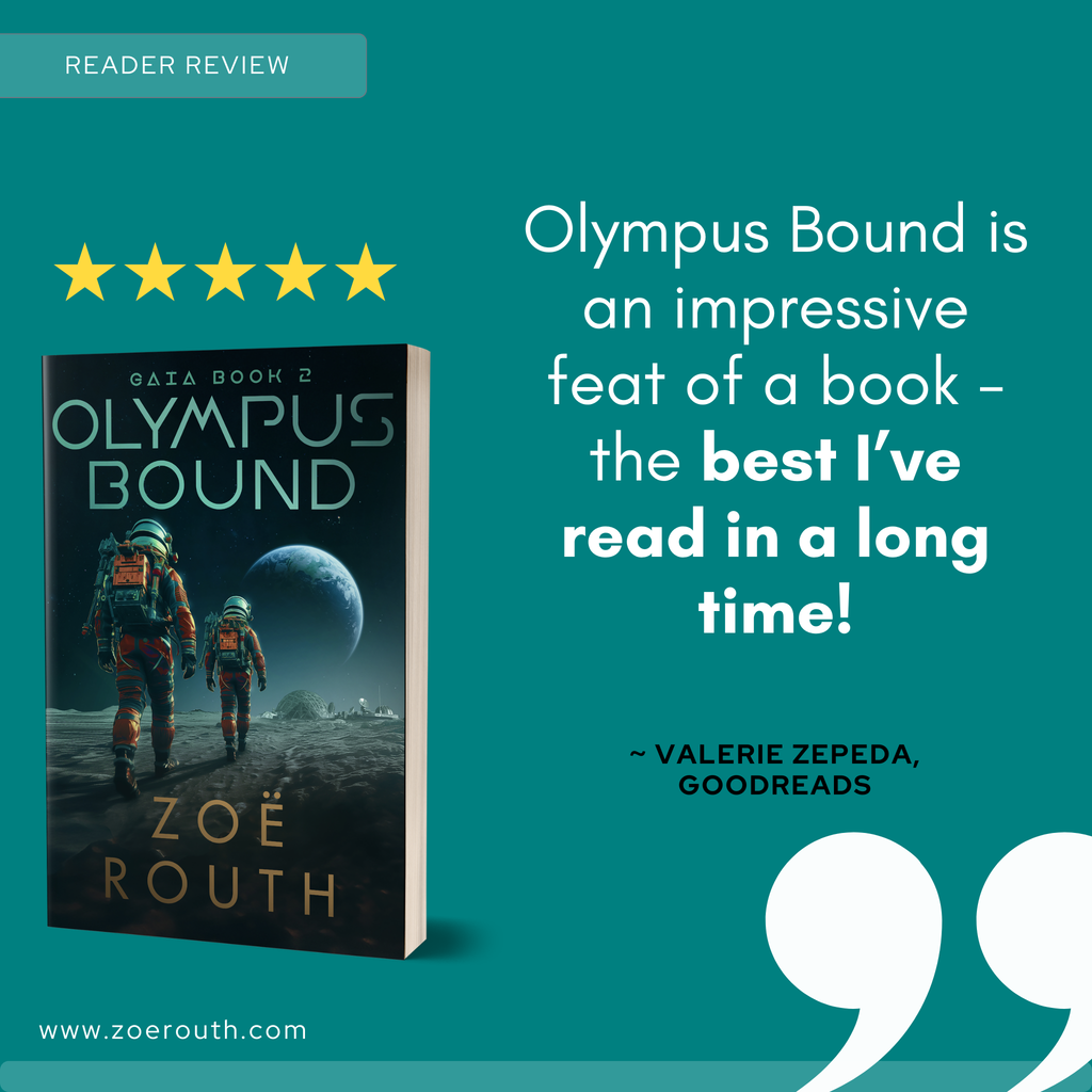 Book cover of 'Olympus Bound' with a five-star rating and reader review on a teal background