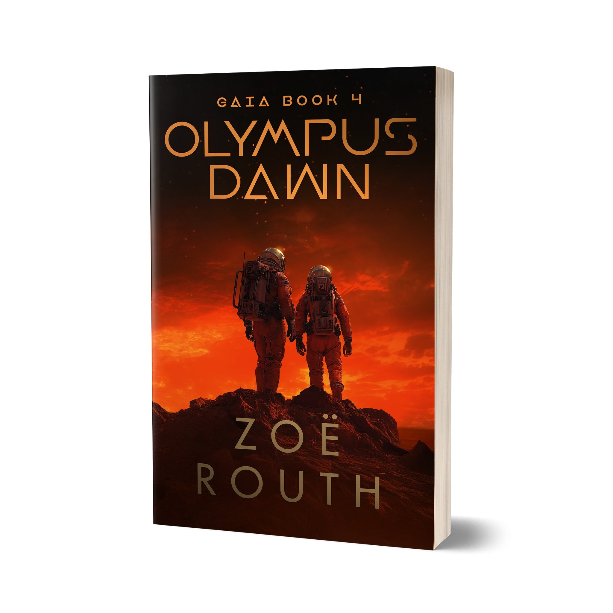 Book cover of 'Olympus Dawn' by Zoe Routh with two figures on a mountain on Mars against an orange sky.