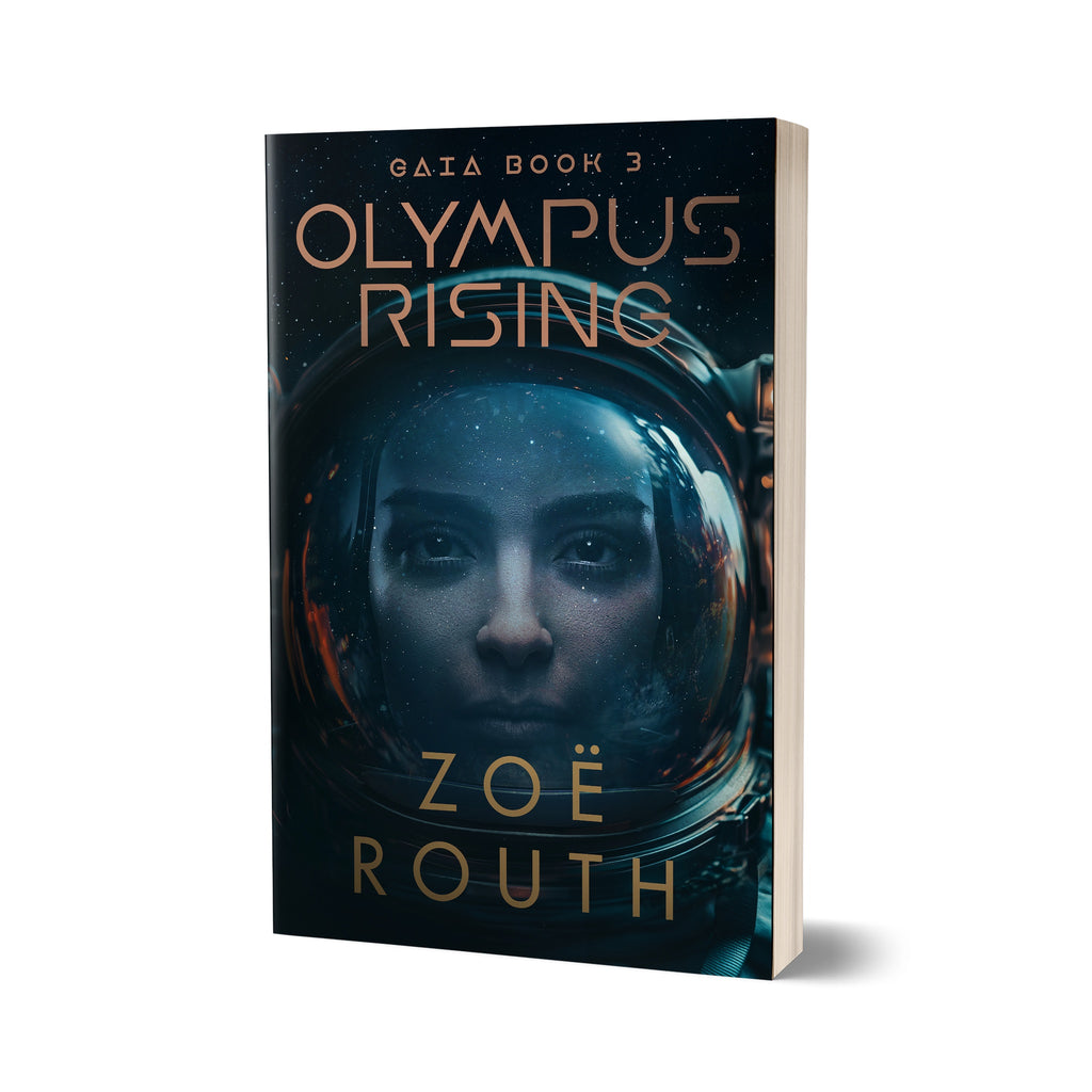 Book cover of 'Olympus Rising' by Zoe Routh with an astronaut's helmet design.