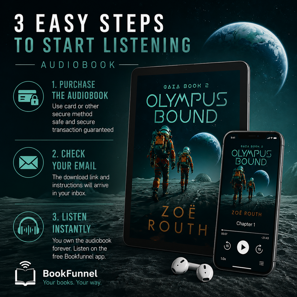 Promotional graphic for 'Olympus Bound' audiobook with tablet, phone, and earbuds on a space-themed background.