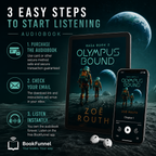 Promotional graphic for 'Olympus Bound' audiobook with tablet, phone, and earbuds on a space-themed background.