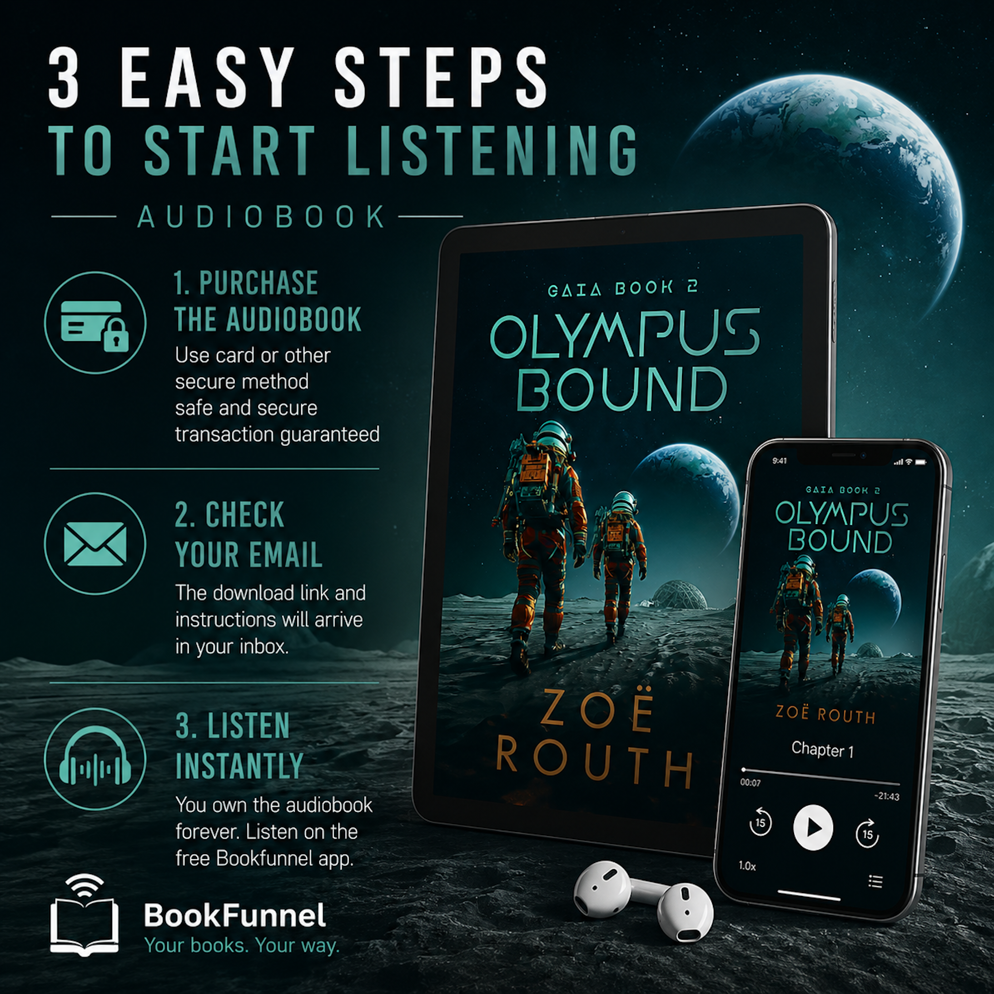 Promotional graphic for 'Olympus Bound' audiobook with tablet, phone, and earbuds on a space-themed background.