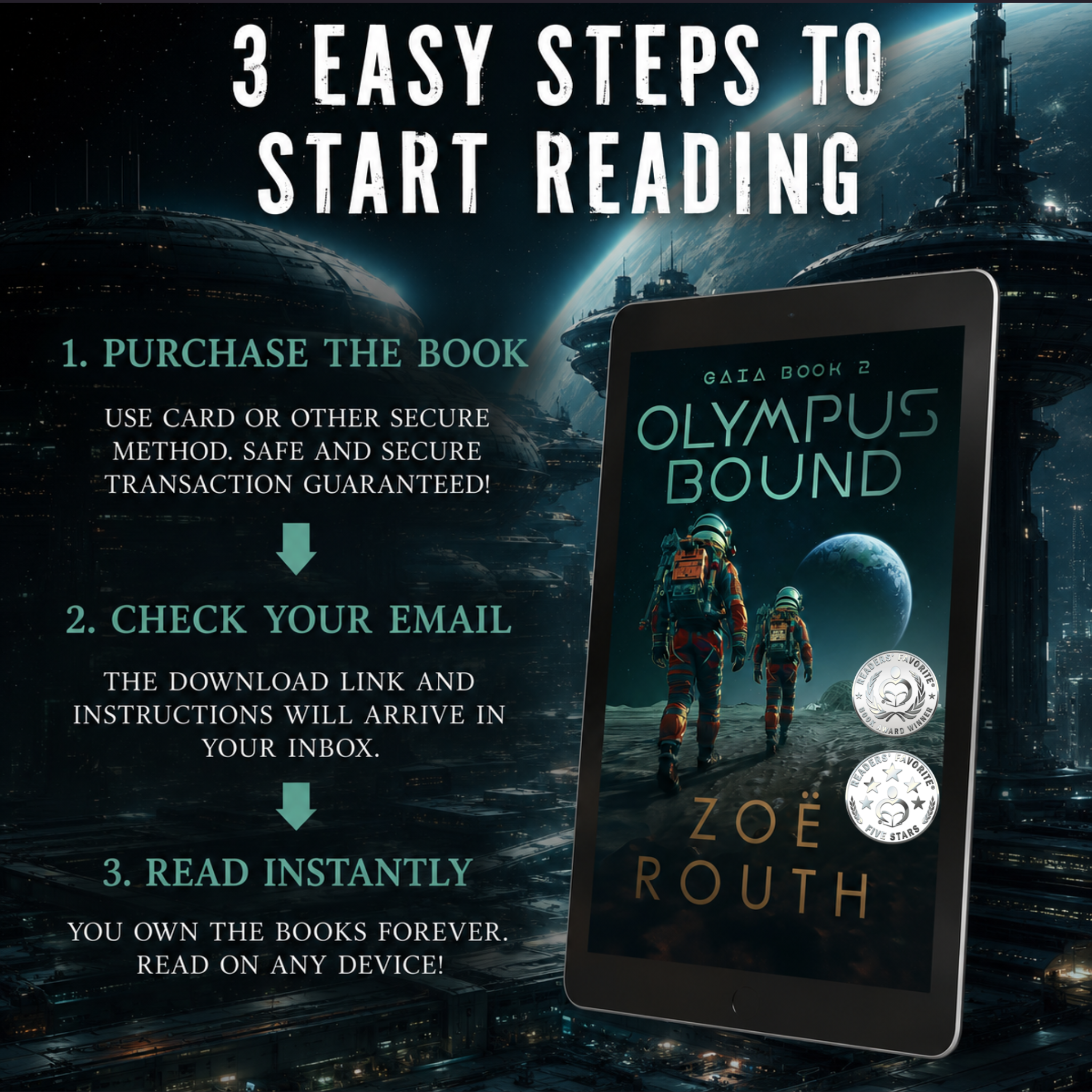 Promotional graphic for 'Olympus Bound' by Zoe Routh with steps to start reading on a tablet.