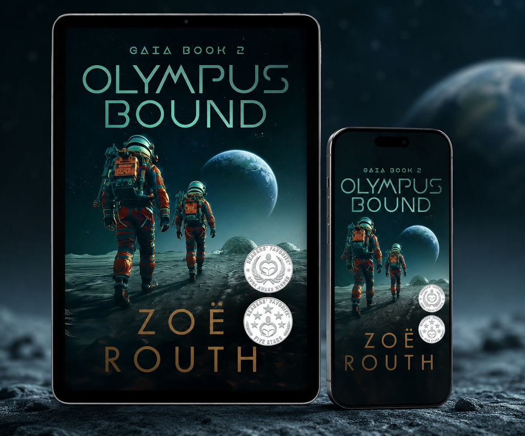 Book cover of 'Olympus Bound' by Zoe Routh on a tablet and phone with space-themed background