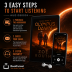 Promotional graphic for 'Olympus Dawn' audiobook with steps to start listening and BookFunnel branding.