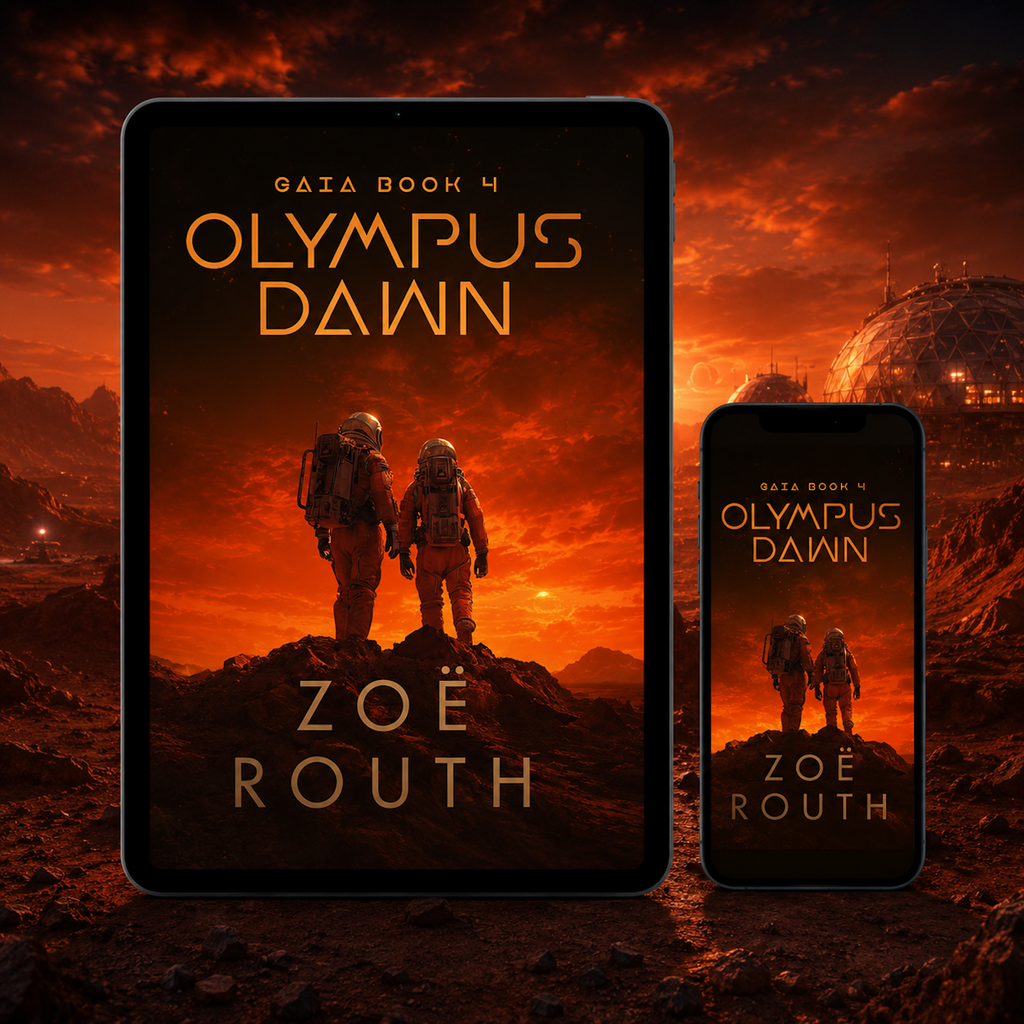 Book cover of 'Olympus Dawn' by Zoe Routh with astronauts on a red planet, displayed on a tablet and phone.
