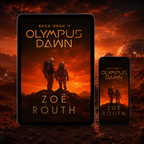 Book cover of 'Olympus Dawn' by Zoe Routh with astronauts on a red planet, displayed on a tablet and phone.