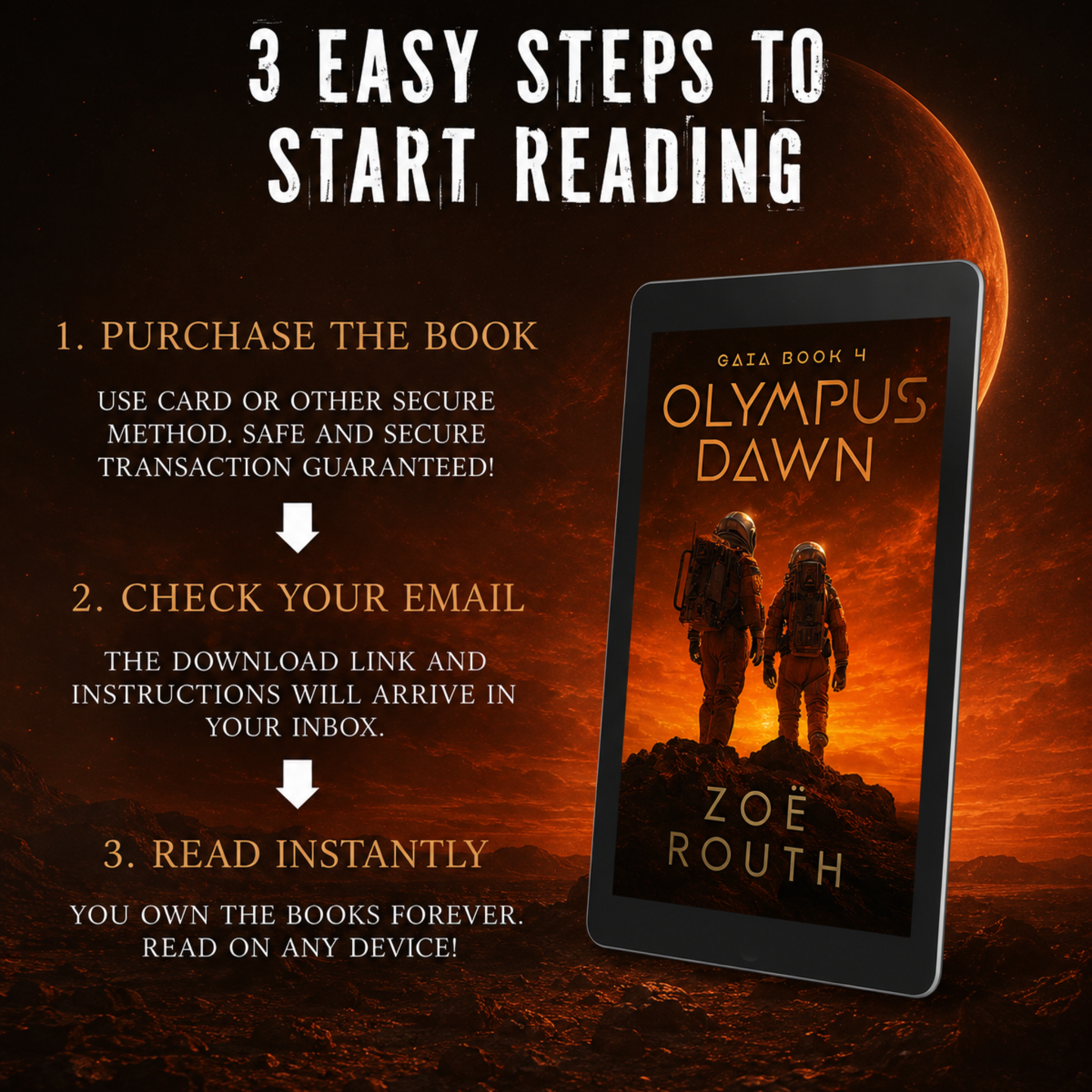 Promotional graphic for 'Olympus Dawn' by Zoe Routh with steps to start reading on a space-themed background.