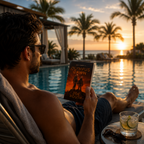 Man reading 'Olympus Dawn' by Zoe Routh by a pool with palm trees and sunset in the background