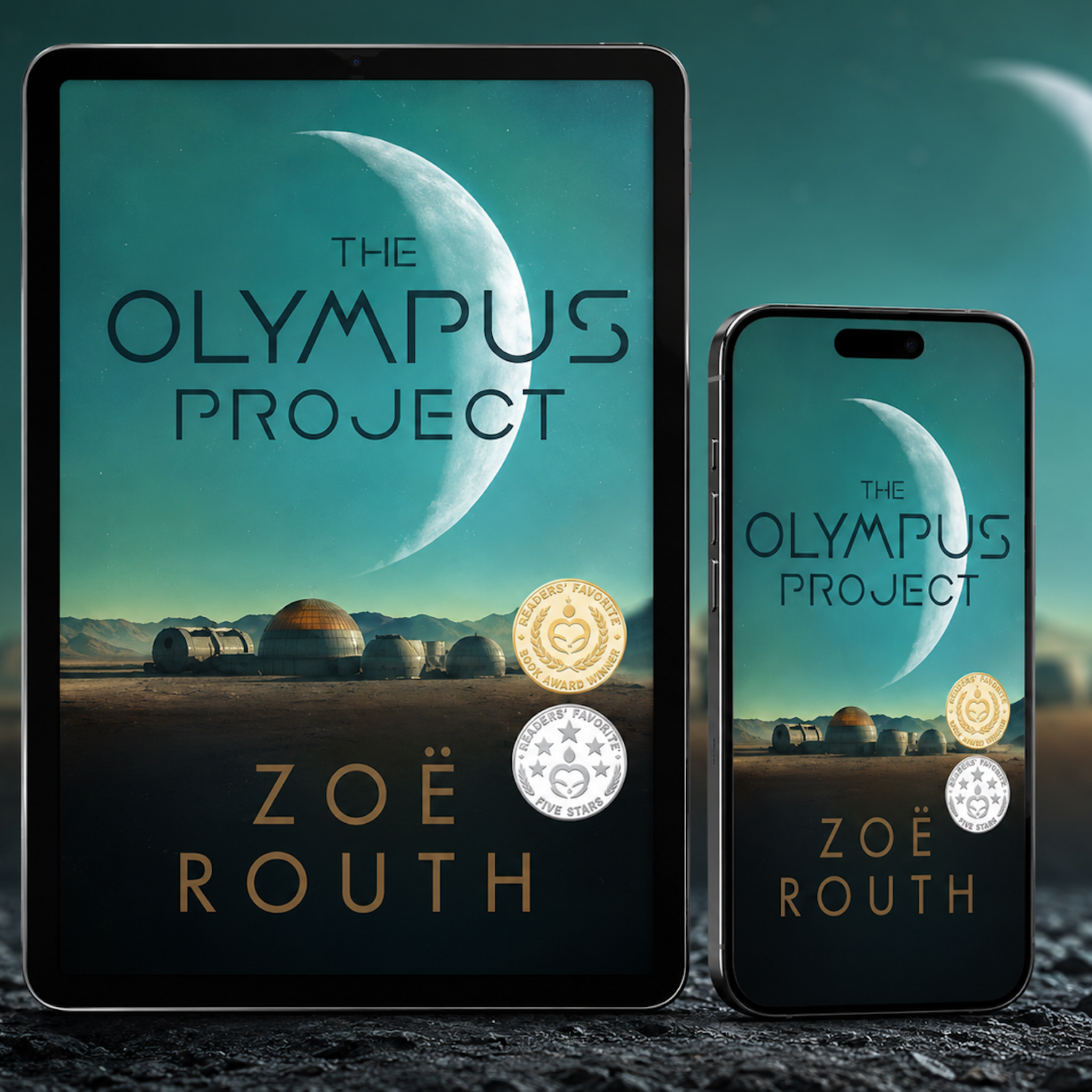 Book cover of 'The Olympus Project' by Zoe Routh displayed on a tablet and phone.