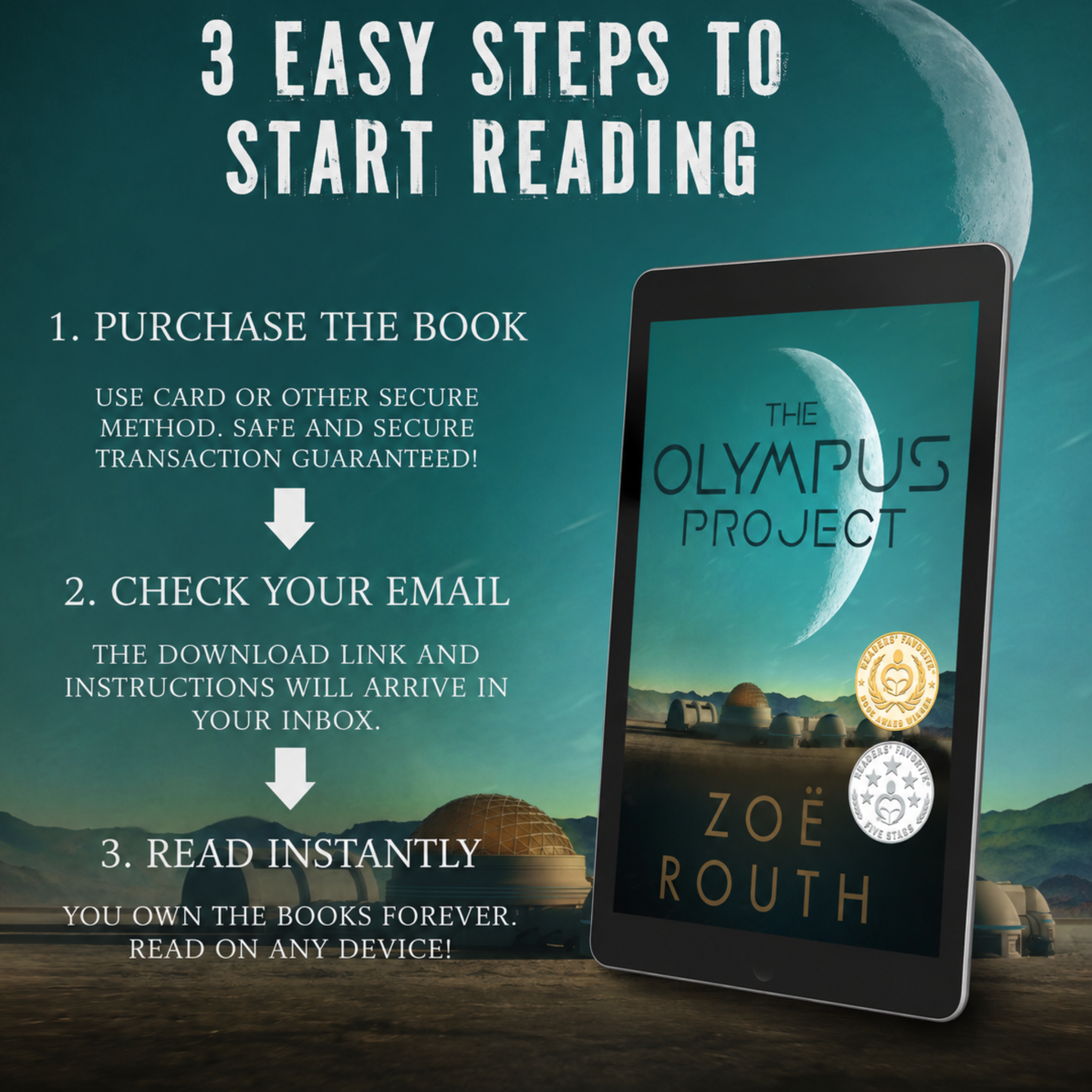 Promotional graphic for 'The Olympus Project' by Zoe Routh, showing an e-reader with the book cover and steps to start reading.
