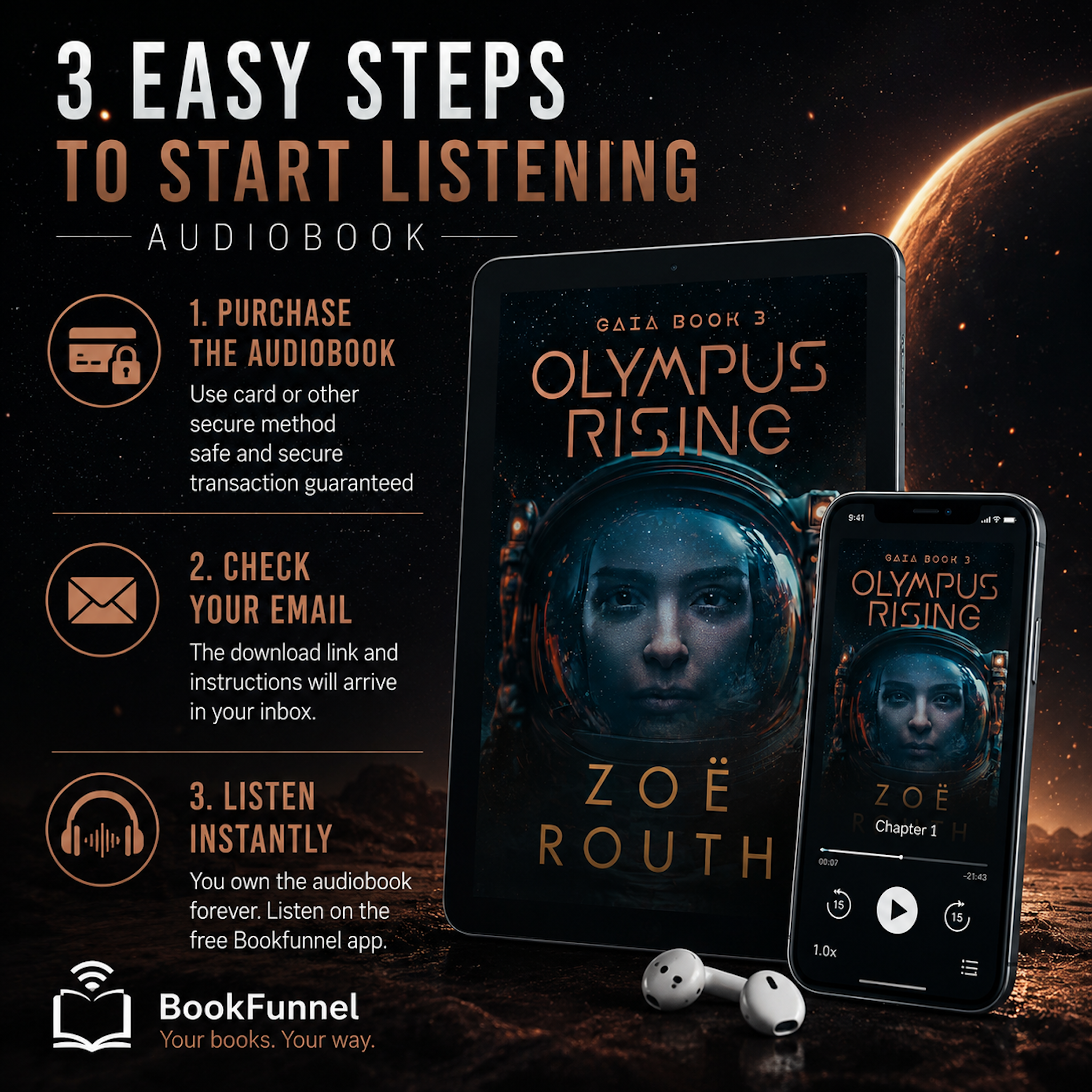 Promotional graphic for 'Olympus Rising' audiobook with steps to start listening and BookFunnel branding.