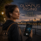 Woman holding a phone with 'Olympus Rising' audiobook displayed, cityscape in the background