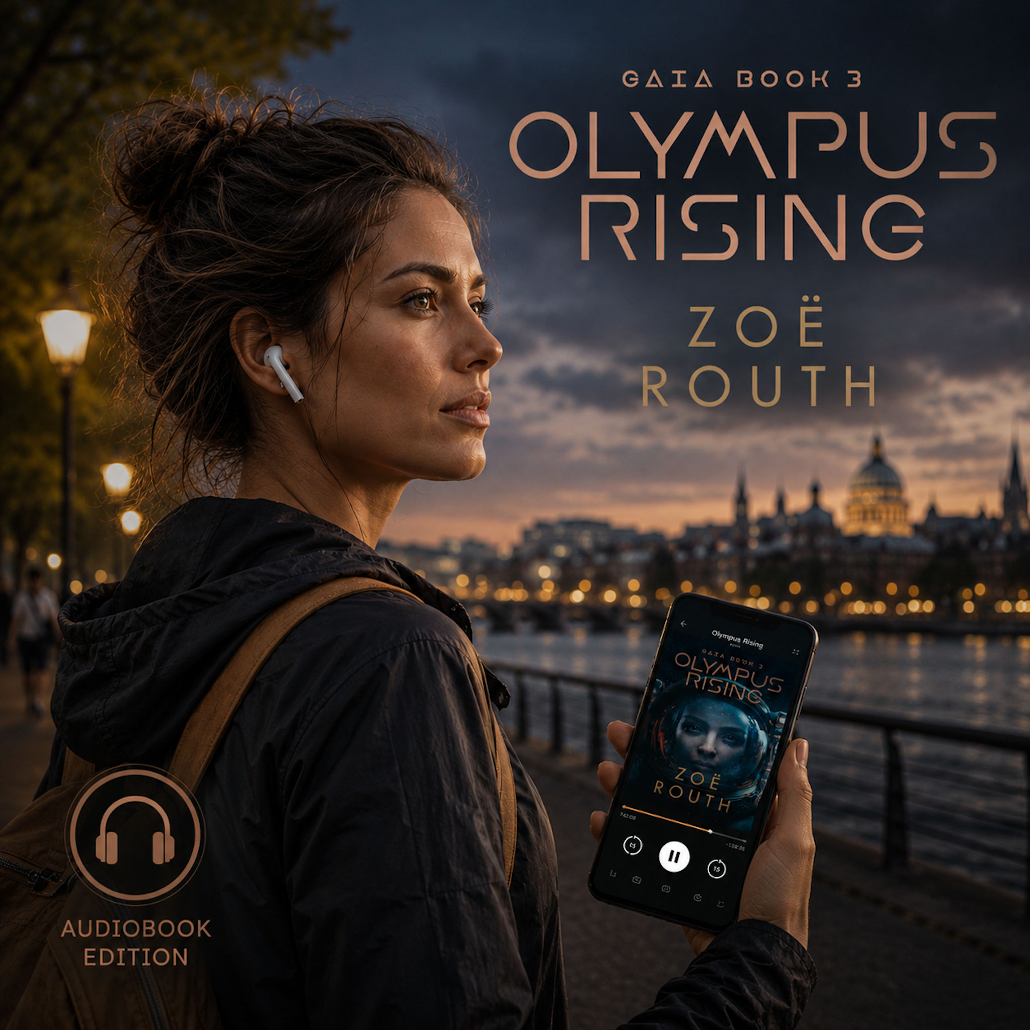 Woman holding a phone with 'Olympus Rising' audiobook displayed, cityscape in the background