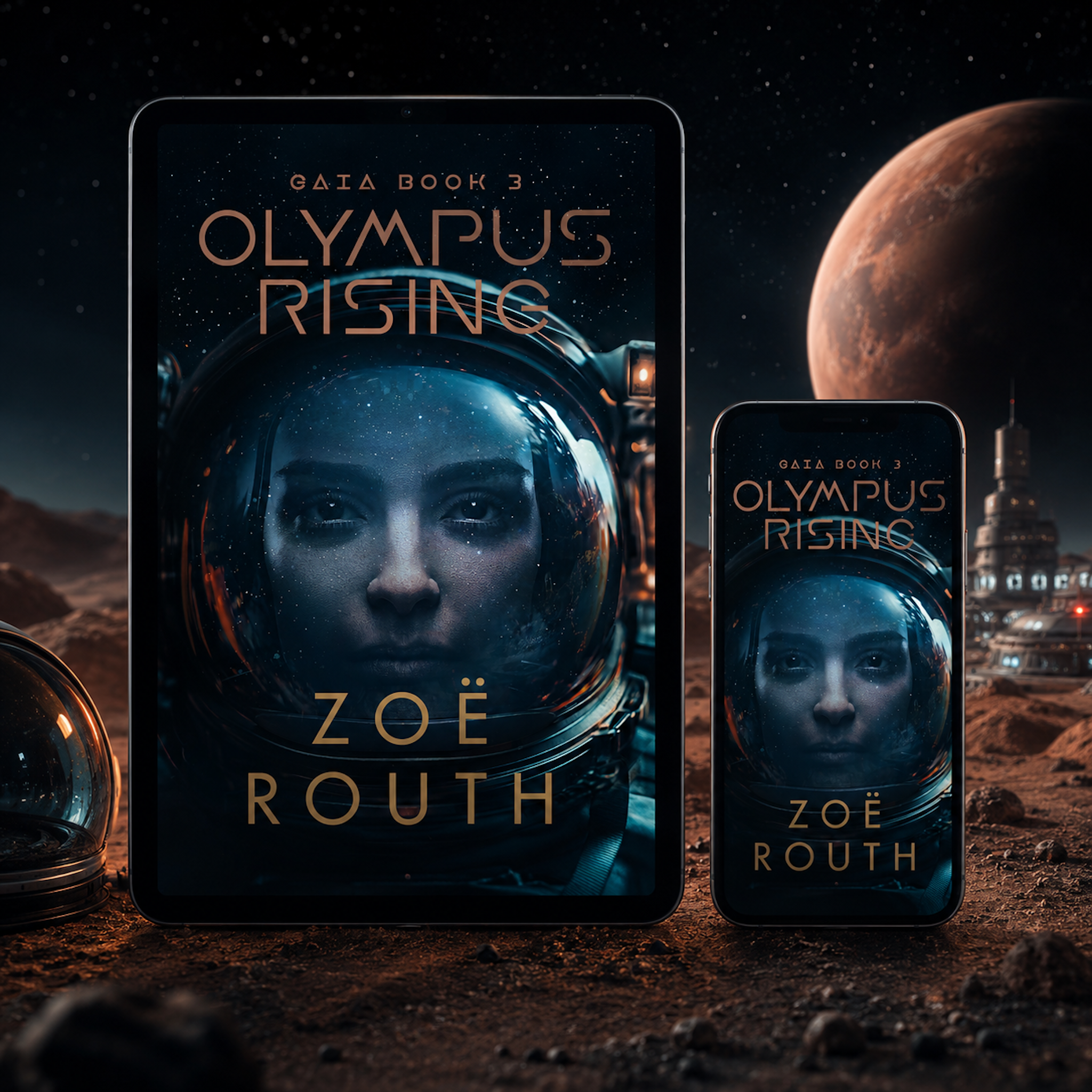 Book cover of 'Olympus Rising' by Zoe Routh with an astronaut image on a space-themed background.