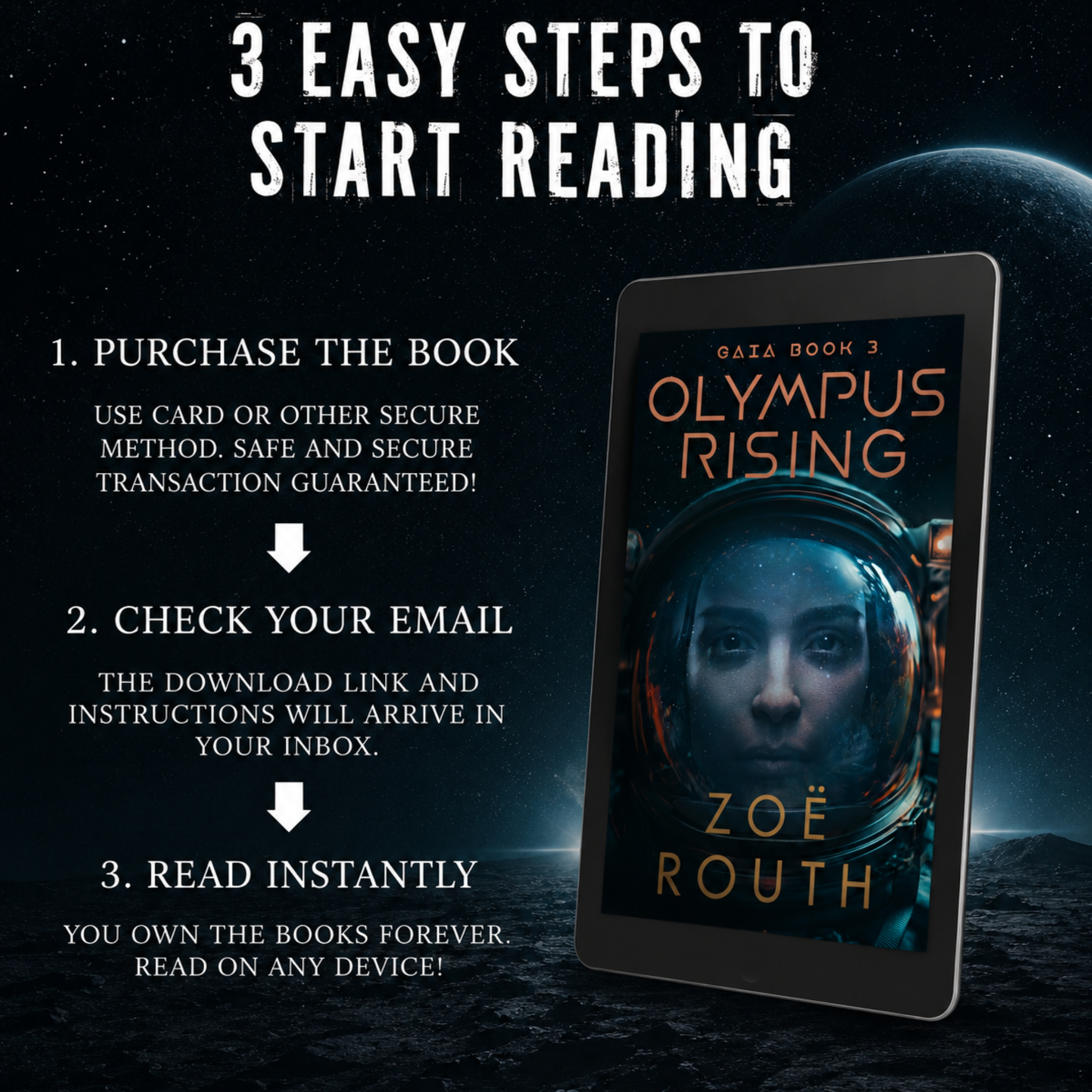 Promotional graphic for 'Olympus Rising' by Zoe Routh with steps to start reading.