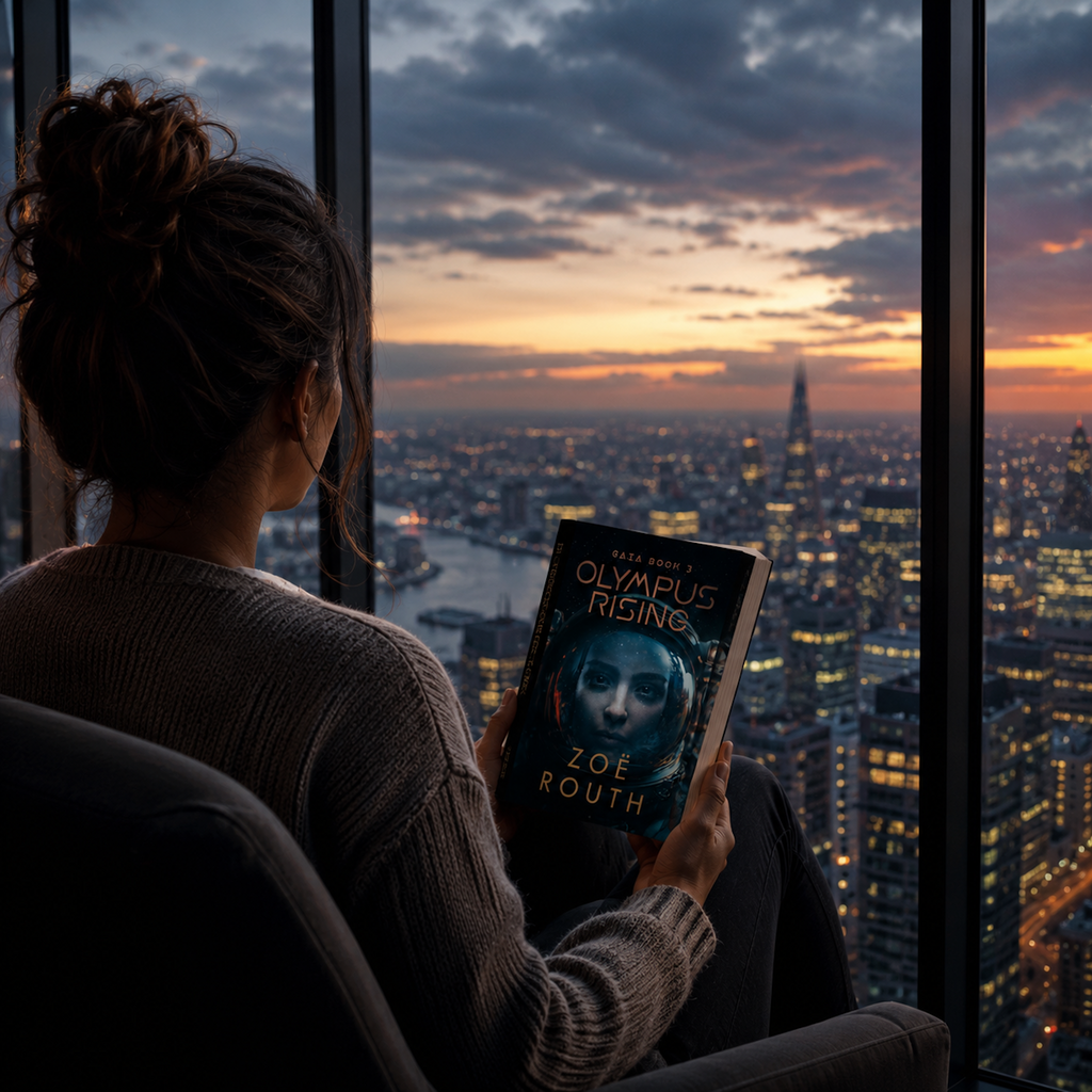 Person holding a book titled 'Olympus Rising' by Zoe Routh, sitting in front of a cityscape view at sunset.