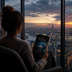 Person holding a book titled 'Olympus Rising' by Zoe Routh, sitting in front of a cityscape view at sunset.