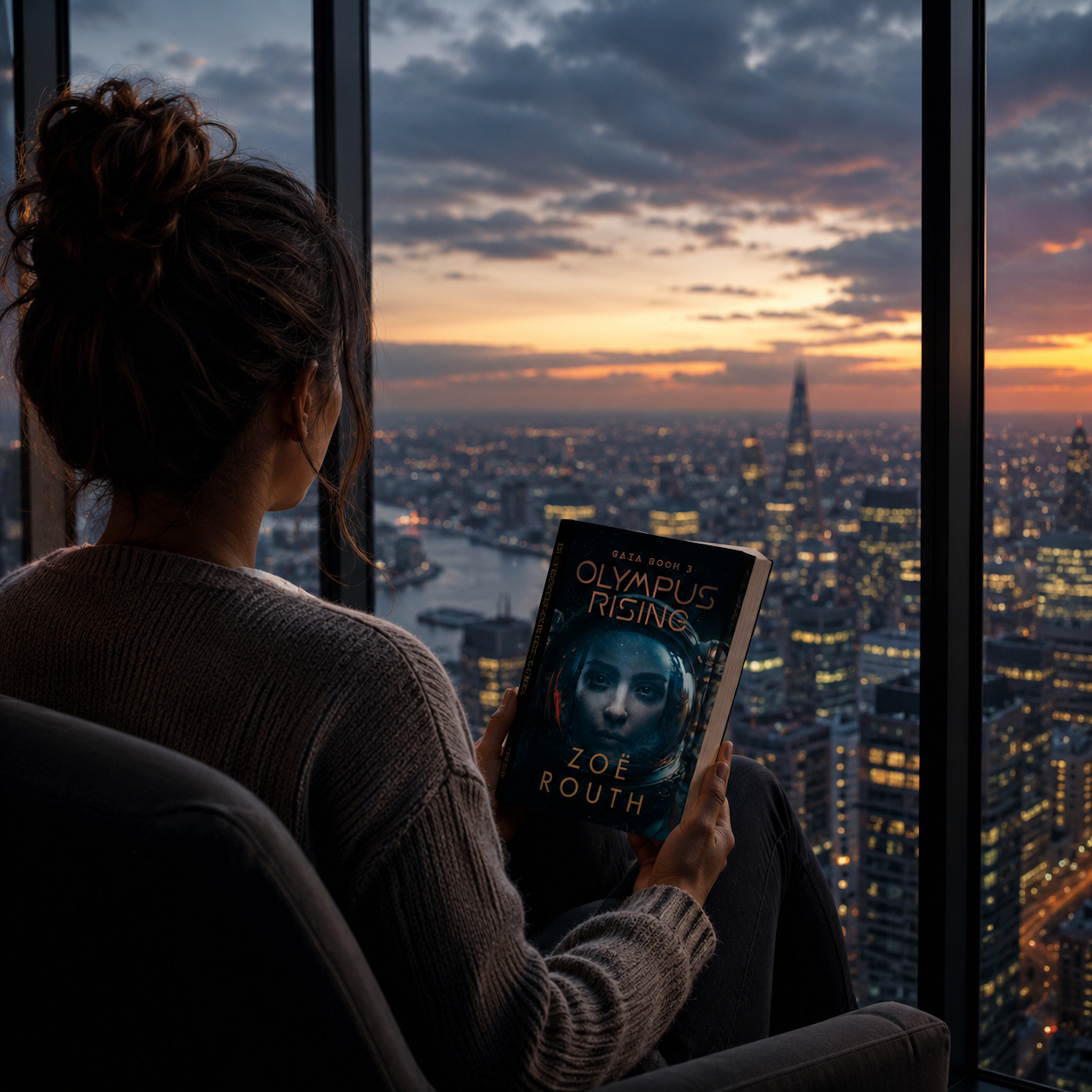 Person holding a book titled 'Olympus Rising' by Zoe Routh, sitting in front of a cityscape view at sunset.