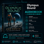 Audiobook cover of 'Olympus Bound' by Zoe Routh with an astronaut on a moon surface, on a dark background.