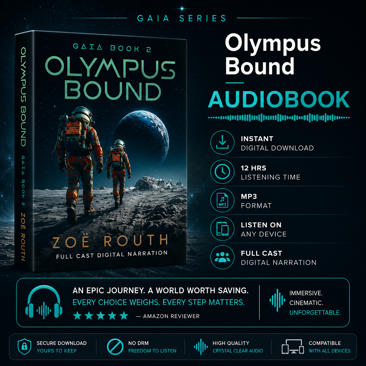 Audiobook cover of 'Olympus Bound' by Zoe Routh with an astronaut on a moon surface, on a dark background.