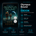 Ebook cover of 'Olympus Bound' by Zoe Routh with tablet display on a dark space-themed background.