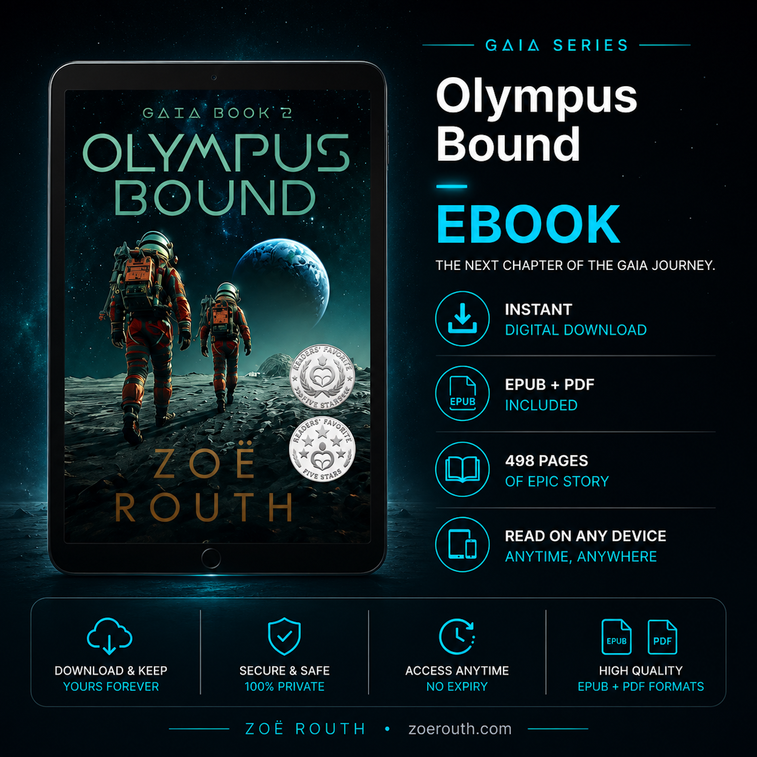 Ebook cover of 'Olympus Bound' by Zoe Routh with tablet display on a dark space-themed background.