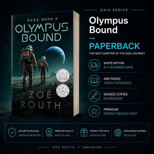Book cover of 'Olympus Bound' by Zoé Routh with space-themed design and promotional text.