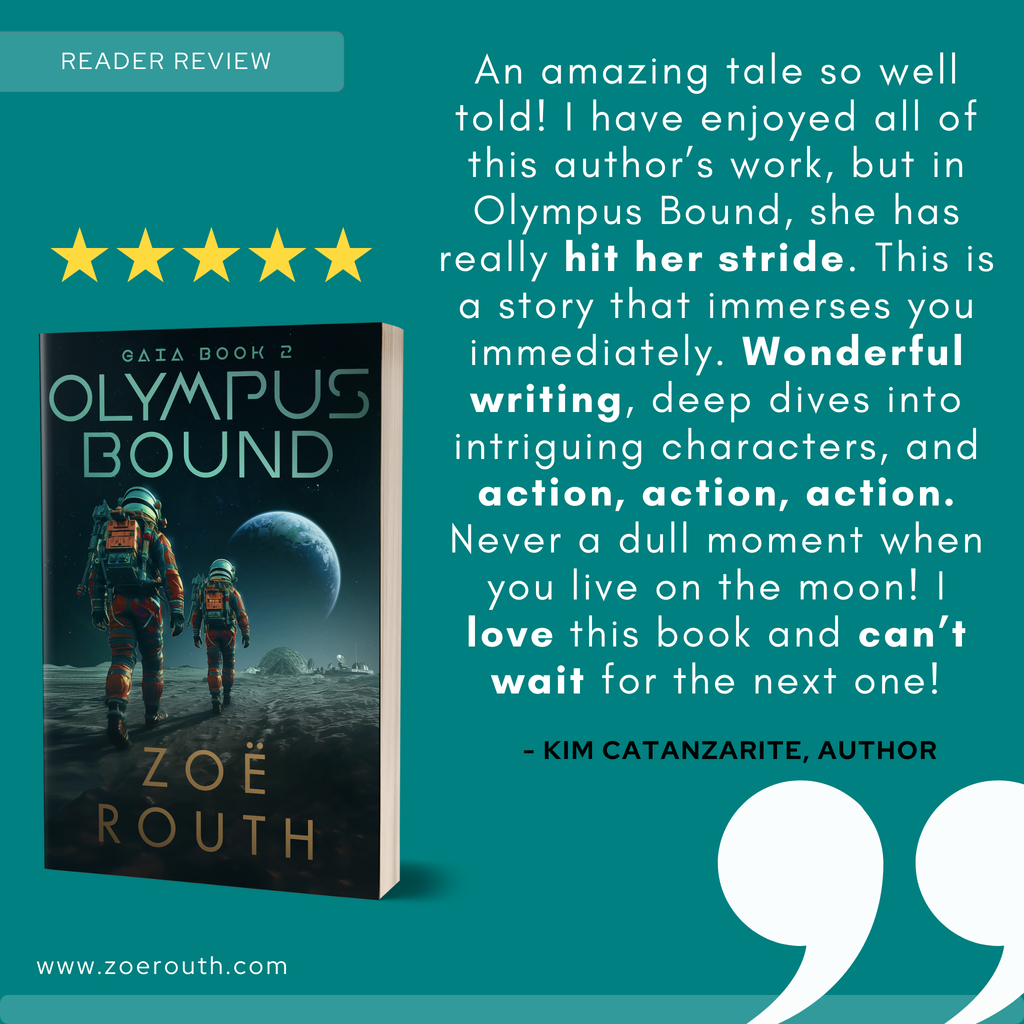Book cover of 'Olympus Bound' with a five-star rating and reader review on a teal background.