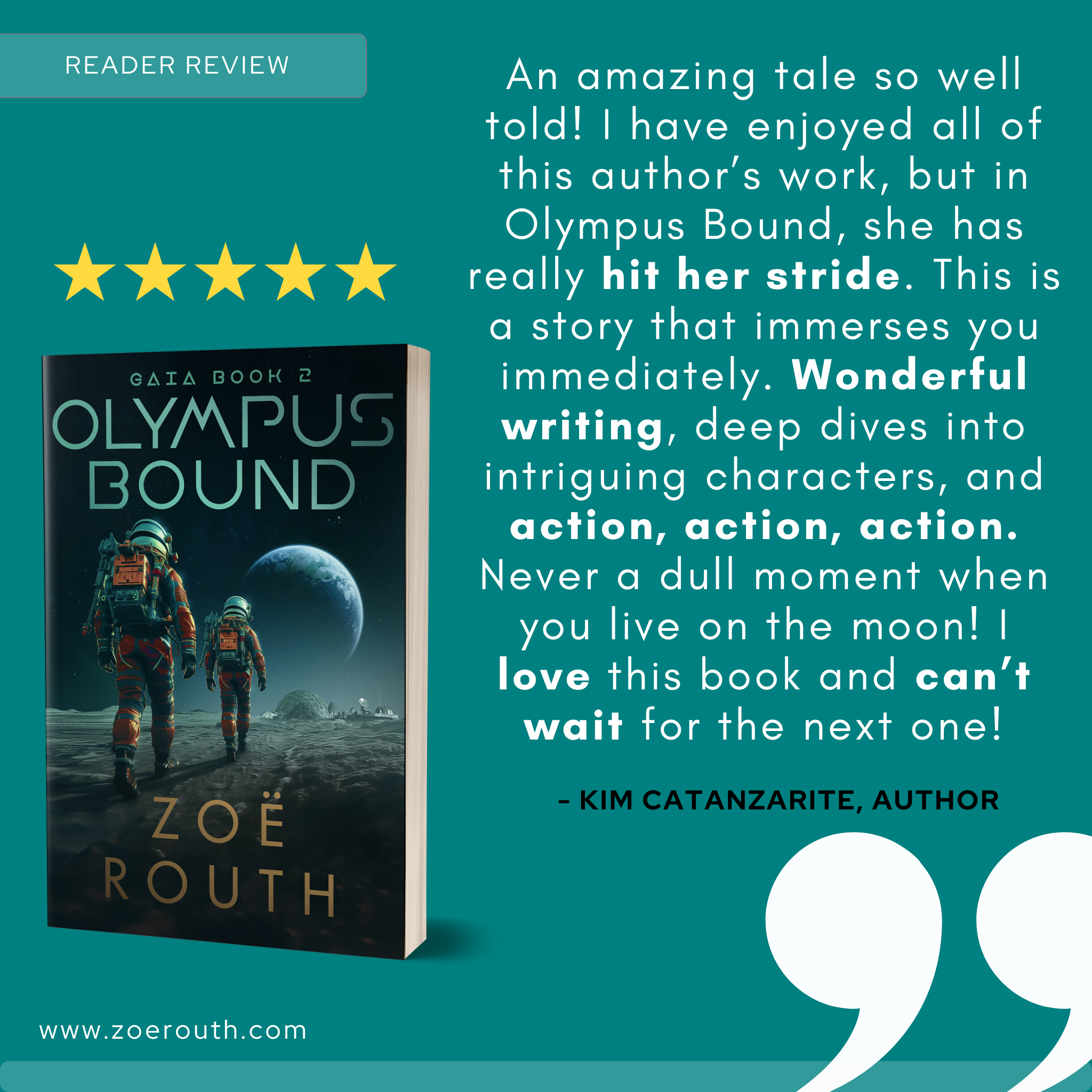 Book cover of 'Olympus Bound' with a five-star rating and reader review on a teal background.