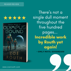 Book cover of 'Olympus Bound' with a five-star rating and positive review text on a teal background.
